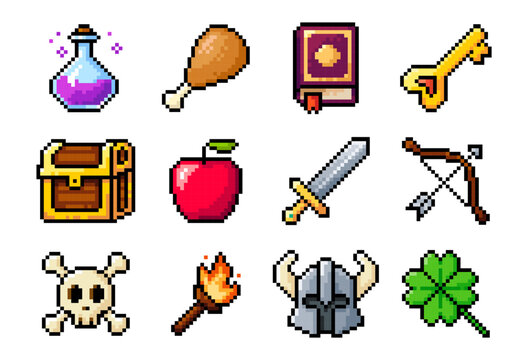 Pixel art game icons Set. Pixelated vector illustration isolated on white background. Arcade game items. Game resources in retro 8 bit style
