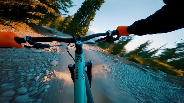 First-person view from mountain bike handlebars racing down rocky trail at sunrise, motion blur, adrenaline outdoor adventure concept