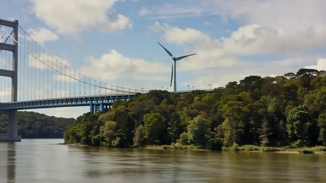 A serene landscape featuring a large suspension bridge spanning a body of water, with a wind turbine standing tall on a lush green hill in the background