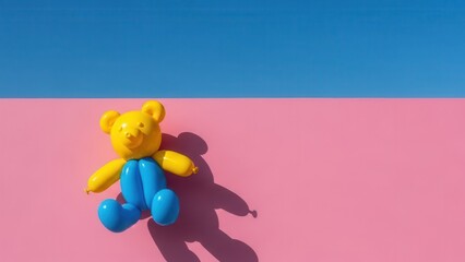 Obraz premium Yellow and blue teddy bear balloon toy lying on pink surface under clear blue sky