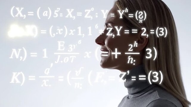 Womans Head Overlayed With Mathematical Equations And Glowing Lights.