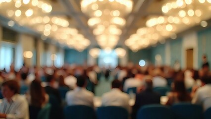 Soft focus scene of a busy conference or event, showing a large audience and elegant bokeh lights, creating an atmospheric background
