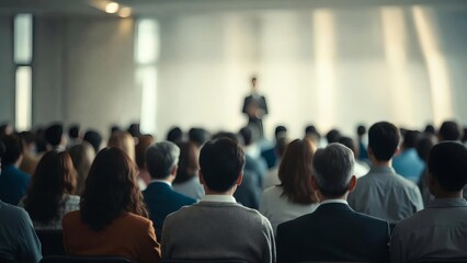 Fototapeta premium Engaged professional audience attentively listening to a speaker at a corporate conference, seminar, or educational event in a modern hall setting