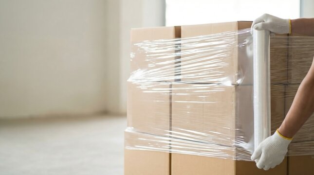 Mover's hands in gloves wrapping a stack of cardboard boxes with stretch film for moving or shipping.