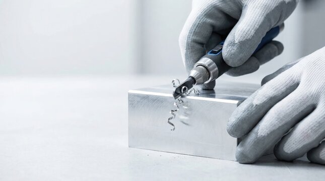 A worker in gloves uses a deburring tool to remove sharp edges from a metal block, creating fine metal shavings.