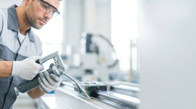 A technician applies lubricant to a linear guide on a CNC machine using a grease gun for preventative maintenance.