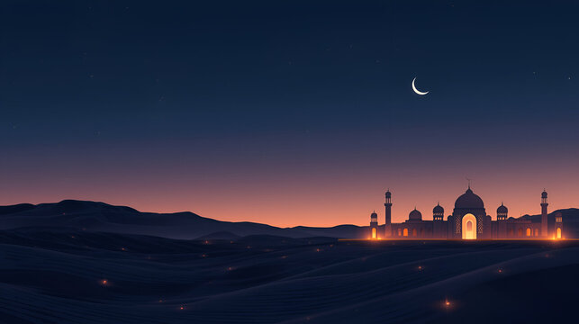 Elegant Ramadan Mubarak greeting inspired by Saudi Arabian culture. Night-time atmosphere with a deep navy-blue sky subtly blending into soft pink and warm golden tones near the horizon. Minimal cresc