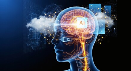Fototapeta premium Conceptual Digital Brain with Artificial Intelligence and Cloud Computing Integration for Future Technology