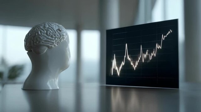 A white brain sculpture faces a glowing line graph on a transparent screen, symbolizing AI driven analytics. The scene highlights innovation, machine learning, and business intelligence trends