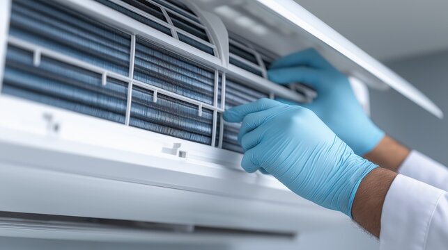 A pair of hands wearing light blue gloves meticulously cleans the dusty air filter of a split system air conditioner in a well-lit room.