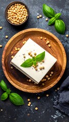 Fototapeta premium Still life block tofu on wood plate, with soybeans, basil, on dark textured backdrop