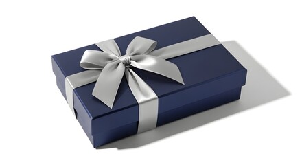 Fototapeta premium Elegantly wrapped dark blue gift box adorned with a shimmering silver ribbon and bow, ready to present a thoughtful surprise for any special occasion or celebration