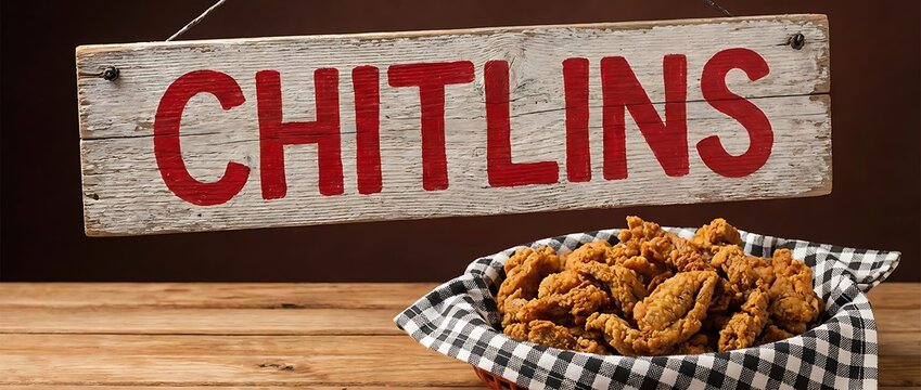 Fried Chitterlings in Basket Under Rustic Wooden Chitlins Sign