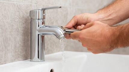 Plumber repairing leaking faucet with wrench