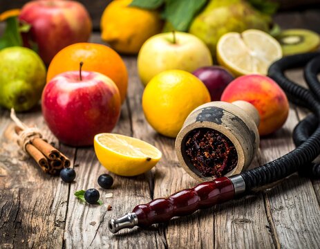 Still life shows hookah bowl surrounded by fresh fruit on weathered wooden surface