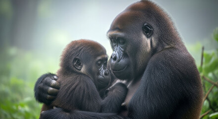 Obraz premium Mother gorilla and baby embrace in a misty forest