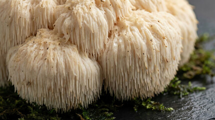 Fresh raw Lion's Mane mushroom macro on dark slate and moss