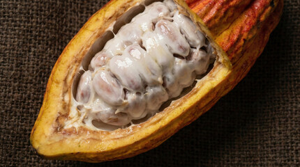 Split raw cacao pod revealing fresh beans in white mucilage