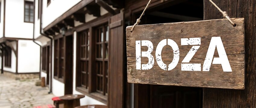 Old Wooden Sign with Boza Text Outside Traditional Building