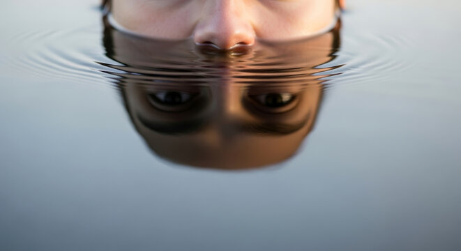Serene reflection of a face emerging from water