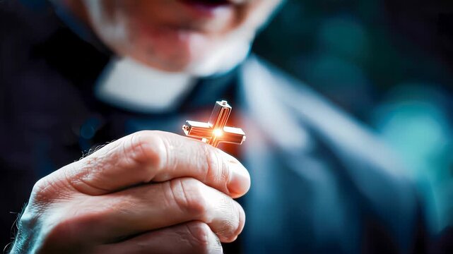 Close-up of a priest holding a silver cross with holy water droplets on a dark background