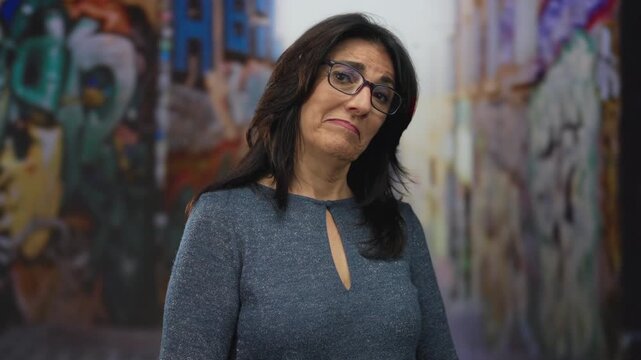 Hispanic woman smiles, face visible against colorful graffiti wall on busy urban street; confidence.