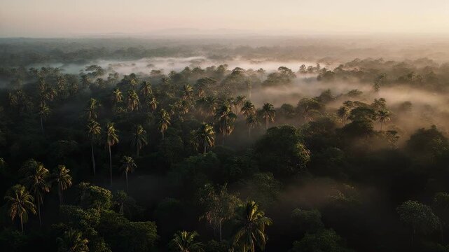 Aerial Dawn Over Lush Forest: A breathtaking aerial perspective unveils a verdant forest enveloped in a soft, ethereal mist as the sun begins to rise.