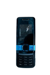 Damaged vintage mobile phone showing a cracked screen and clear transparent background