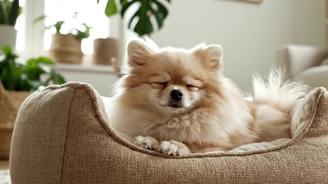 Fluffy pomeranian spitz dog waking up in cozy textile pet bed in bright living room with green plants morning light domestic comfort concept