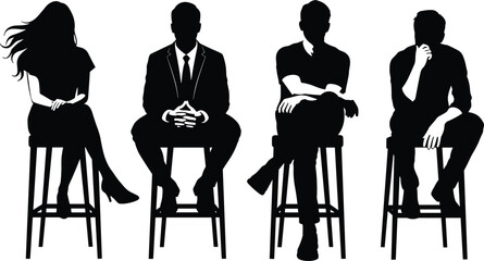 Seated people silhouette collection with diverse postures, professional and casual attire illustration, body language concept, flat vector illustration © MSTRAMANA