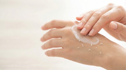 Naklejka premium A woman exfoliates the skin on the back of her hand with a gentle cosmetic scrub with visible particles.