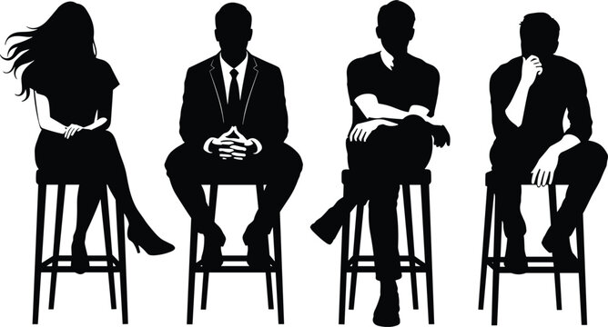 Seated people silhouette collection with diverse postures, professional and casual attire illustration, body language concept, flat vector illustration