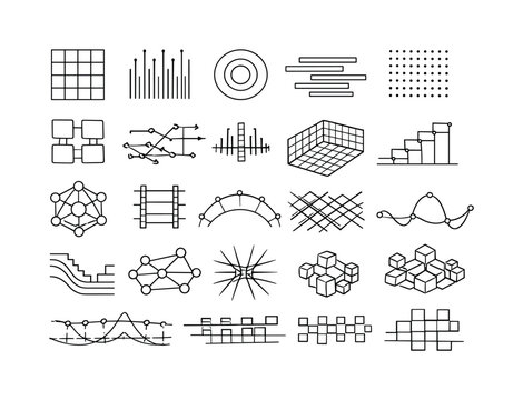 Line vector icons of pixel-level structure of digital reality: resolution tiles, pixel stems, subpixel rings, raster bars,