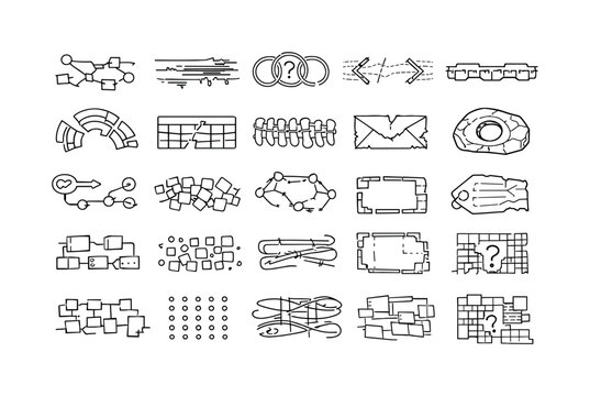 Line vector icons of interpreting extinct data standards: fragmented schema nodes, corrupted header beams, unknown container