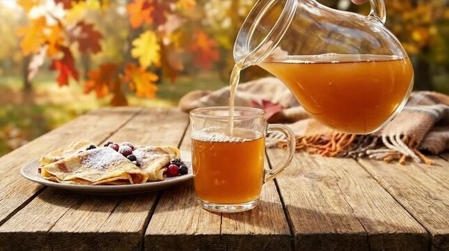 Warm autumn beverage poured into mug with pancakes on rustic wooden table outdoors, vibrant fall foliage background