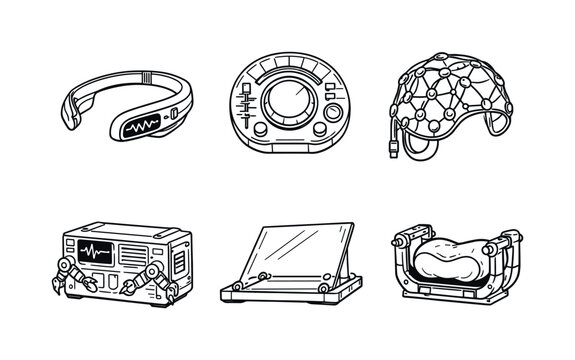 Line style icons of speculative mnemonic-removal artifacts: cognitive-wave tuner, selective-trace dial, neural-signal mesh,