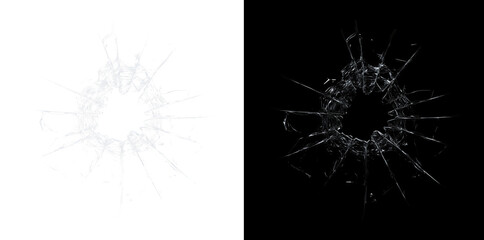 Fototapeta premium Realistic shattered glass hole with radiating cracks isolated on black background, broken window overlay effect, bullet impact fracture texture.