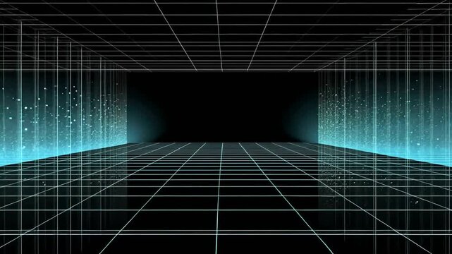 A geometric, digital space features a grid floor, glowing blue light, and a dark void