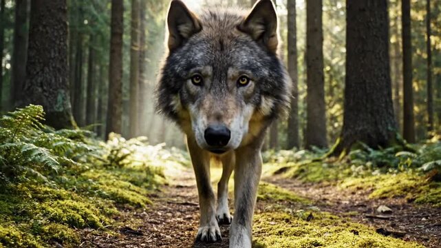 Wild wolf walking on a mossy forest path with sunbeams