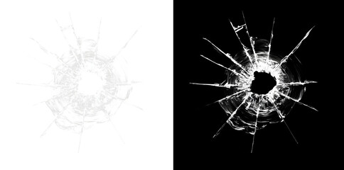 Naklejka premium Realistic shattered glass hole with radiating cracks isolated on black background, broken window overlay effect, bullet impact fracture texture.
