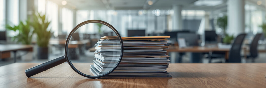 magnifying glass, folders on a table in an empty office
