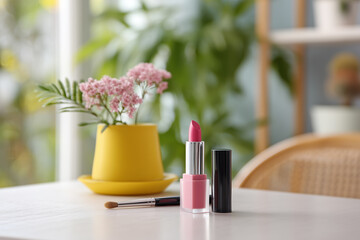 Beautiful pink lipstick and brush on a sunny table with a plant