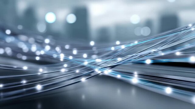 Dynamic image of fiber optic cables with glowing points representing data transfer in a modern digital world. The blurred city background emphasizes advanced technology and global communication