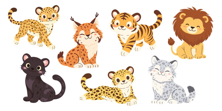 Set of cartoon wild cats. Flat vector illustrations in cartoon style. Cute lion, tiger, jaguar, puma, snow leopard, lynx.