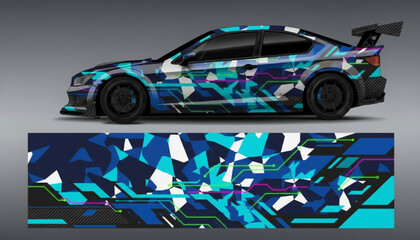 Abstract geometric car wrap design in blue and teal with futuristic digital patterns for vehicle customization. © DB stock