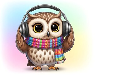 Cartoon Owl with Big Eyes and Music Headphones