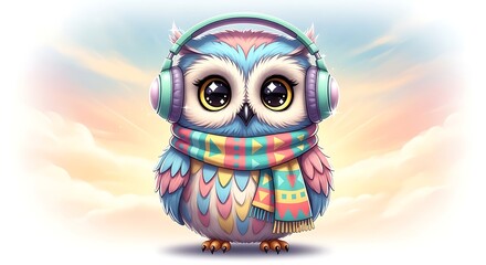 Cute Owl Mascot with Scarf and Headphones Graphic Design