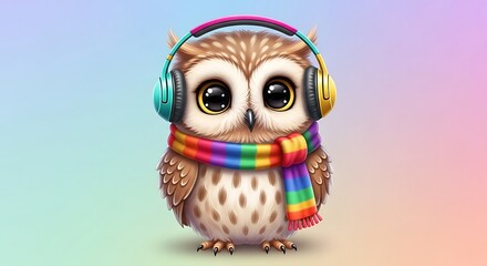 Funny Owl Character Listening to Music Illustration