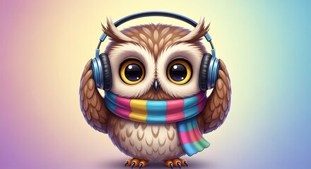 Cute Owl Wearing Headphones and Colorful Scarf Illustration