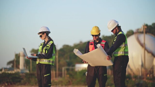 Engineers Reviewing Construction Plans at Industrial Gas Storage Facility, Industrial engineer inspecting petrochemical facility construction blueprint at gas storage plant site, energy operations.